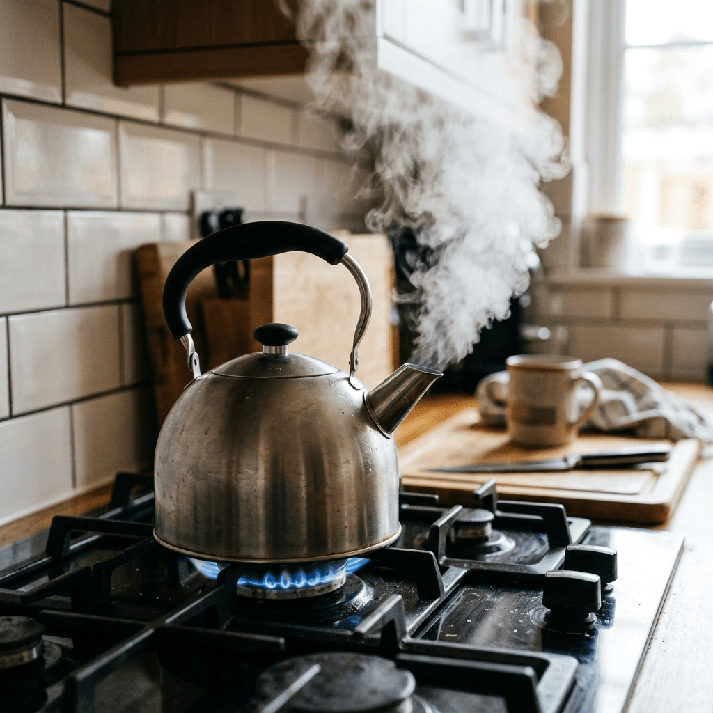 Whistling metal kettle with black handle emitting steam on lit gas burner