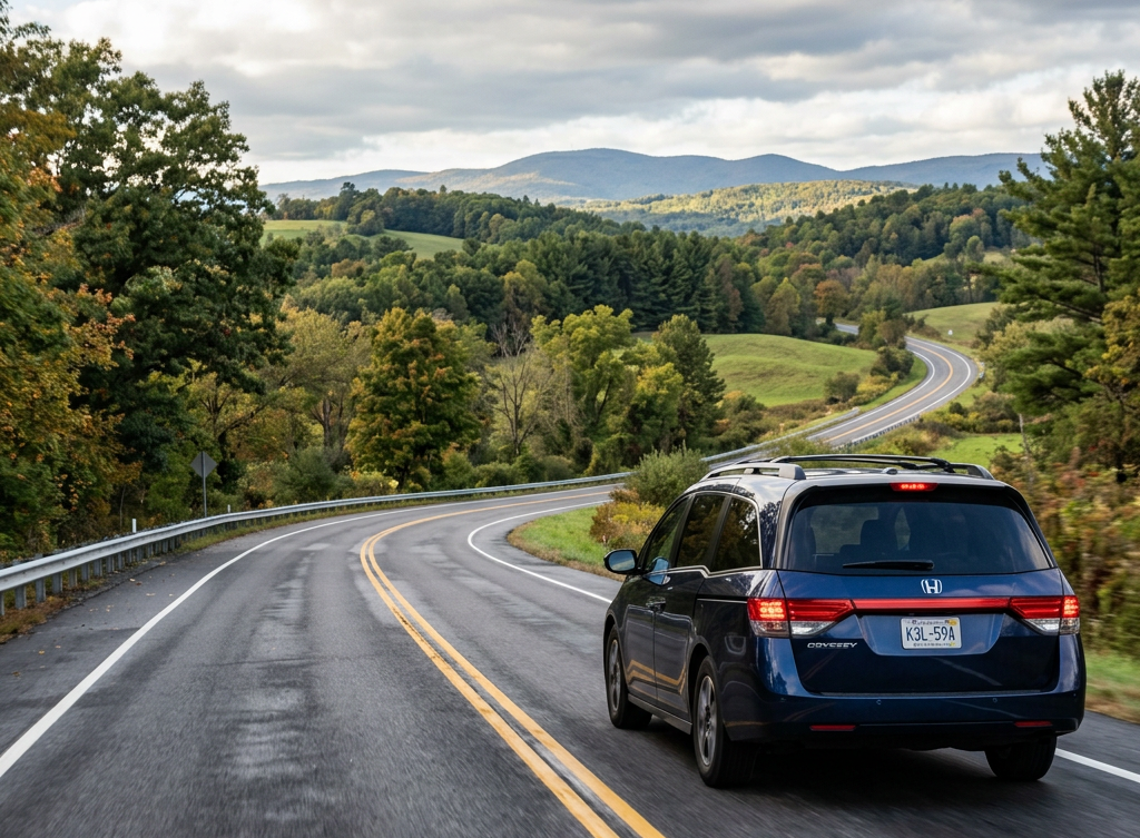Dark blue Honda Odyssey driving on a winding rural road