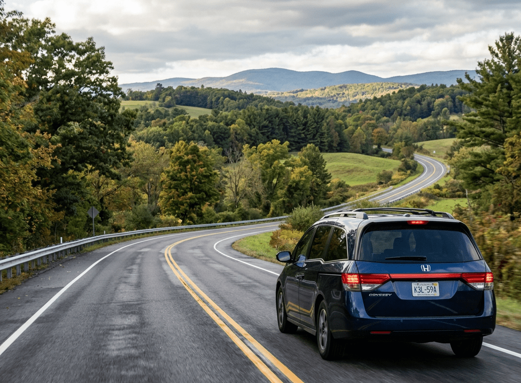 Dark blue Honda Odyssey driving on a winding rural road